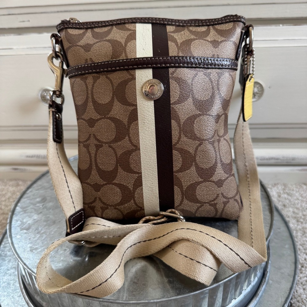 Coach Signature C Monogram Crossbody Bag Brown Tan White Stripe Accent